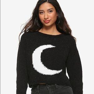 Chenille Black Crescent Moon Cropped Sweater